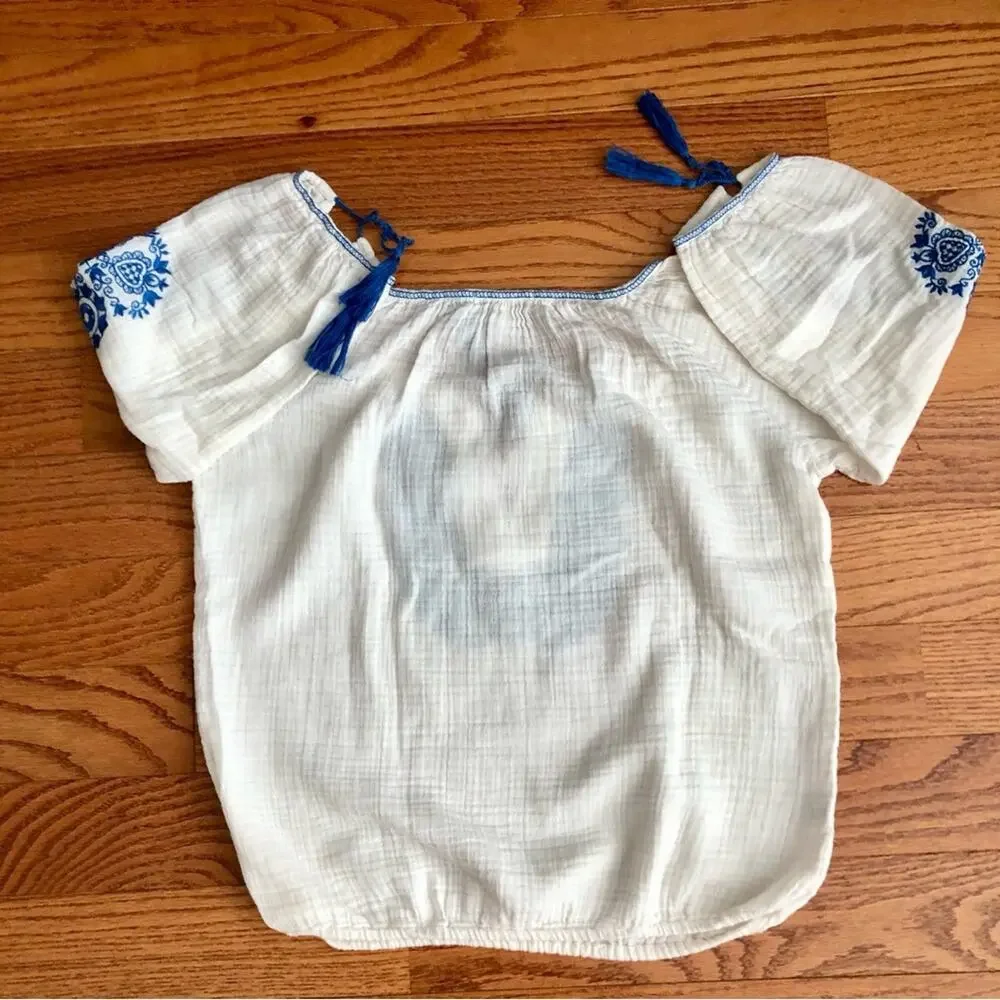 J.CREW Resort Boho Cotton 3/4 Sleeves Embroidered White Blue Top Women’s Size XS